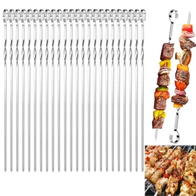 Bild av AOMAIGAD 24 stycken grillspett, 30 cm grillspett rostfritt stål, kebabspett, återanvändbara, för BBQ kött grönsaker, lägereld eller grillskål