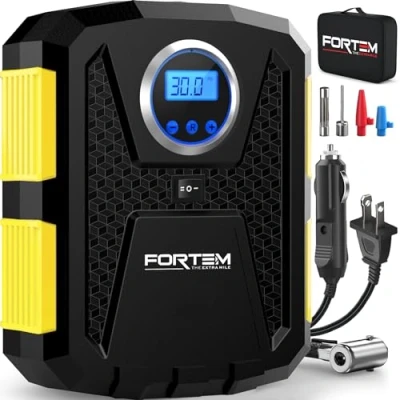 Bild av FORTEM Däckpump och Bärbar Luftkompressor, Cykelpump, 230V AC 12V DC Elektrisk Luftpump till Bildäck Cykeldäck med LED ljus, Digital Lufttrycksmätare Automatisk Pumpning/Avstängning (Gul)