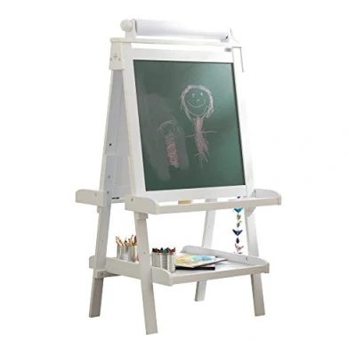Bild av KidKraft Deluxe konststaffli av trä för barn, dubbelsidig barntavla och whiteboard, krittavla med pappersrulle 3 färgade koppar, leksaker barn från år, 62040