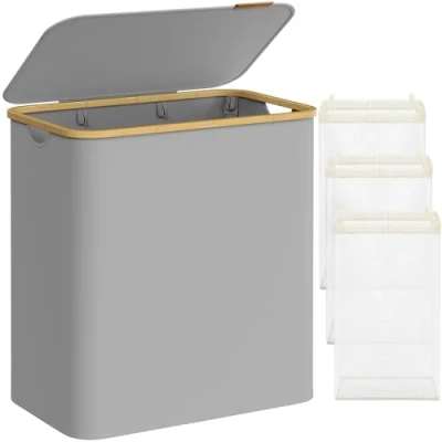 Bild av SONGMICS tvättkorg med 3 fack lock, 150L, avtagbar väska, Oxford tyg, bambuhandtag, hopfällbar, 60 x 38,5 70,5 cm, Dove Grey LCB515G01