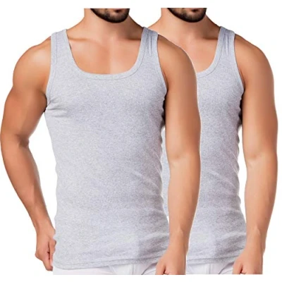 Bild av BestSale247 2 pack eller 4 klassiska undertröjor för män, armhålor, tanktopp, i vit svart grå melange finribbad (slät) 100 % bomull, Gråmelerad/2 stycken, M