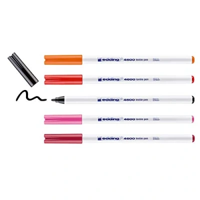 Bild av edding 4600 textile pen black, red, orange, pink, carmine red set of 5 round nib 1 mm permanent fabric pens for drawing on textiles, wash resistant to 60 C