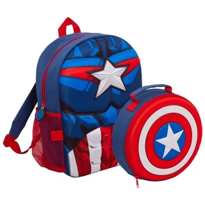 Bild av Captain America ryggsäck med avtagbar lunchväska, hållare för vattenflaska, pojkar, matchande 2 delat set, tillbaka till skolan, BLÅ, en storlek