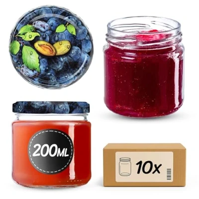 Bild av Kadax små konserveringsburkar 200 ml, syltburkar, fi66 mm, miniglas för honung och kryddor, lufttäta burkar, konserveringsglas, glas, konserveringsburkar, runda glas (10 stycken, plommon)