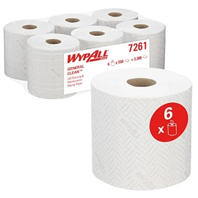 Bild av Pappersduk för rengöring och underhåll WypAll L20 General Clean 7261 2 lager centrala dispenseringsrullar 6 rullar x 550 vita pappersdukar (totalt 3 300)