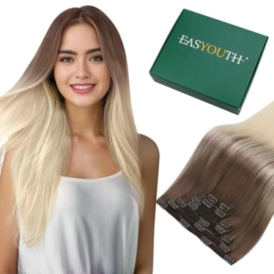 Bild av Easyouth Hårförlängningar av människohår med klämma, ljusbrun till platinablond, naturlig förlängning brun ombré, äkta och osynlig hårförlängning rak, 35 cm, 70 g, 7 st