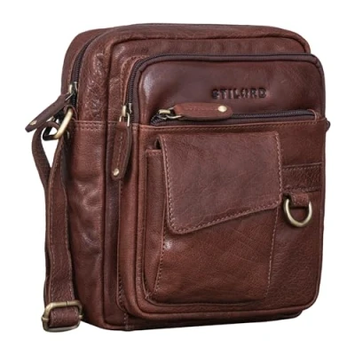Bild av STILORD &quot;Ryan&quot; crossbody väska män läder liten herrväska att hänga upp vintage läderväska 9,7 tum iPad Messenger Bag Axelväska äkta läder, Maraska mörkbrun, M,