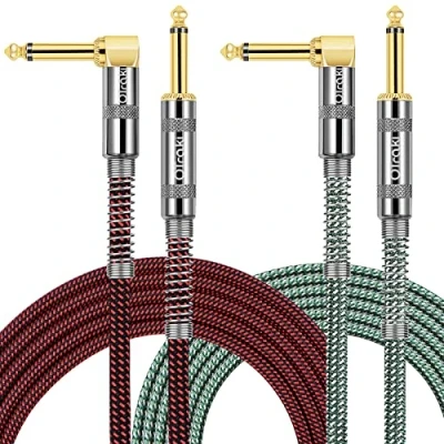 Bild av OTraki 7 fot 2 m gitarrkabel pack 6,35 mm 1/4 tum rak till höger vinkel gitarrinstrumentkablar TS flätat ljudinstrument bly för elektrisk gitarr bas tangentbord