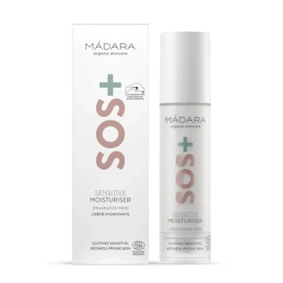 Bild av MÁDARA Organic Skin Care SOS+ Sensitive Moisturizer, 50 ml Light Cream for Redness Prone and Reactive Skin, with Hyaluronic Acid Red Algae, Fragrance Free