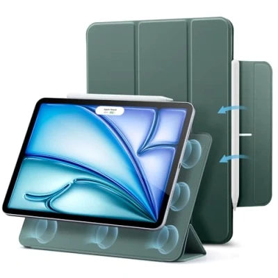Bild av ESR Fodral för iPad Air 11 tum M2, 6/5/4 (2024/2022/2020) 10,9 tum, starkt magnetfäste, trifold stativfodral, stöder penna Pro/USB C, automatisk vila/väckning, mörkgrön