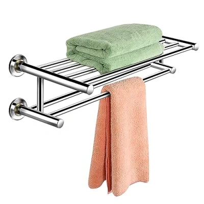 Bild av COSTWAY Handduksställ av rostfritt stål, handduksstång badrum, handdukshållare väggmotage, badhandduksstång med 2 lådor och 6 stänger, badrumshylla silver, 60 cm