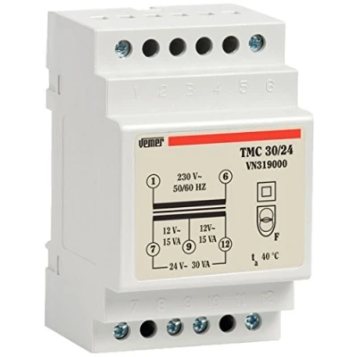 Bild av VEMER VN319000 transformator TMC 30/24 från DIN stång för kontinuerlig drift 230 V/1224 V effekt 30 VA, ljusgrå