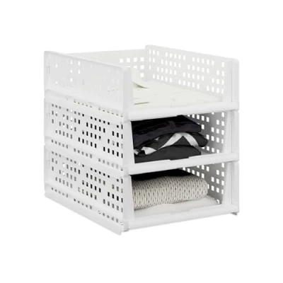 Bild av Relaxdays Skåporganisatör, set om 3, stapelbara klädförvaringssystem, utdragbar, 13 x 33,5 43,5 cm, badrum, vit