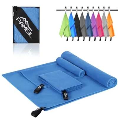 Bild av Pameil Set med 3 st. mikrofiberhanddukar, 160 x 80 cm stor badhandduk + 2 små handdukar à 40 cm, mikrofiberhanddukar för resenärer, snabbtorkande resehanddukar, perfekta träning, blå