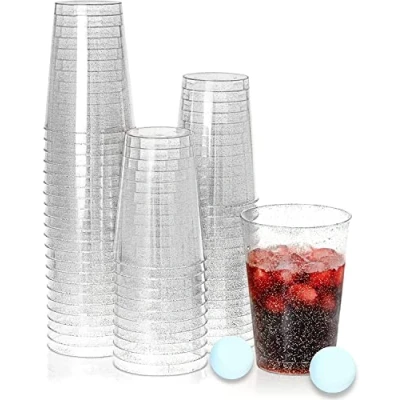Bild av KAHEIGN 50 st Partykoppar Plastshotglas med silverglitter, 300 ml dessertkoppar Plast runda Klara Återanvändbara för Whisky Pudding Mousse Party (7,5 x 9,5 cm)