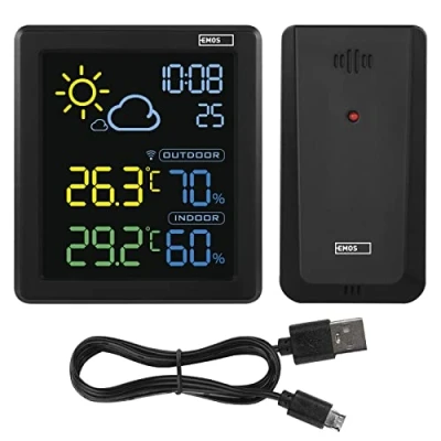 Bild av EMOS Trådlös väderstation med VA färgskärm och utomhussensor, termometer, hygrometer, väderprognos, klockvisning, väckarklocka, 1,5 m mikro USB kabel, svart