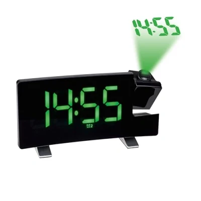 Bild av TFA Dostmann projektionsväckarklocka, 60,5015,04, med FM radio, 2 larmtider, svart gröna lysande siffror, plast, (L) 180 x (B) 48 (H) 100 mm