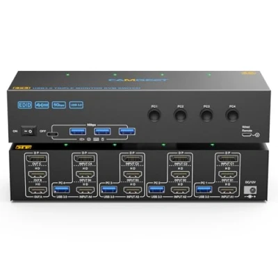 Bild av USB 3.0 KVM switch 3 skärmar 4 datorer stöder 4K@60Hz, 2 HDMI + DisplayPort Monitor PC dela bildskärmar och portar, med 12V ström, trådad fjärr kablar.