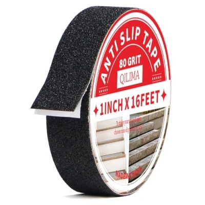 Bild av QILIMA halkskyddstejp svart High Traction säkerhetsspårband 25 mm x 5 m halkskyddstejp, starkt draggrepp band, för trappor, ramper, däck, trottoarer
