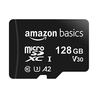 Bild av Amazon Basics Micro SDXC minneskort med fullstor adapter, A2, U3, läshastighet upp till 100 MB/s, 128 GB, svart