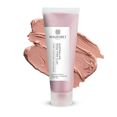 Bild av Ansiktsmask med australisk rosa lera, MagiForet lermask, exfolierande ansiktsmask, aknebehandling, uppljusad hud, minskar porer, för fet, blandad, känslig pormaskar, vegansk formula
