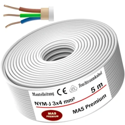 Bild av MAS Premium från 5 till 100 m våtrumskabel, strömkabel, mantelkabel, NYM J 3 x 4 mm², elkabel, ring för fast installation (5 m)