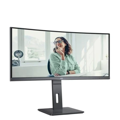 Bild av AOC CU34P3CV 34 tums WQHD böjd skärm, höjdjusterbar, högtalare (3440 x 1440, 100 Hz, HDMI, DisplayPort, USB C (65 W PD), RJ45, hubb) svart
