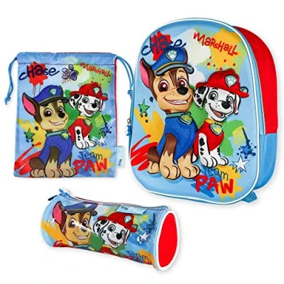 Bild av Skolväska 3D, väska med dragsko, pennfodral Paw Patrol Skolväskor för pojkar och flickor 3 år ryggsäck, lunchväska, Tillbaka till skolan