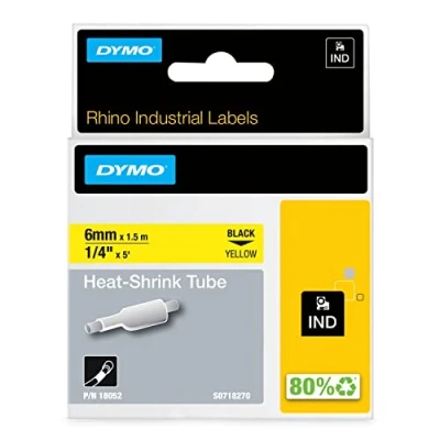 Bild av Industriella DYMO Rhino krympslangar 6 mm x 1,5 m Svart text på gul tejp För etikettskrivare