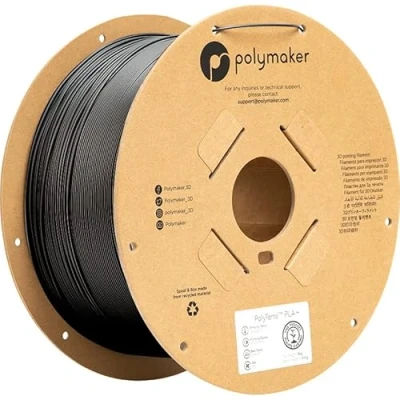 Bild av Polymaker PolyTerra PLA+ filament för 3D skrivare, 1,75 mm tjockt, 3 kg, satin, kartongspole, robust PLA + skrivarfilament, svart