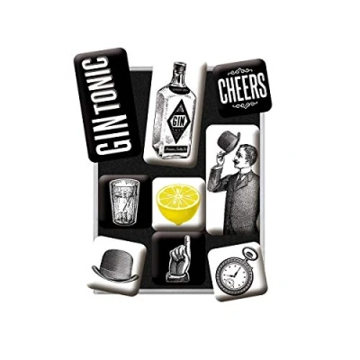 Bild av Nostalgic Art Kylskåpsmagneter i retrostil, Gin Tonic Presentidé för cocktailälskare, Magnetset magnettavlor, Deko vintagedesign, 9 stycken