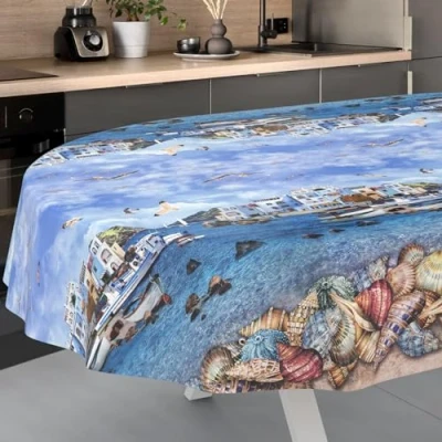 Bild av vaxduk bordsduk tvättbar trädgårdsduk utomhus inomhus oval 240 x 140 cm skärkant fiskare