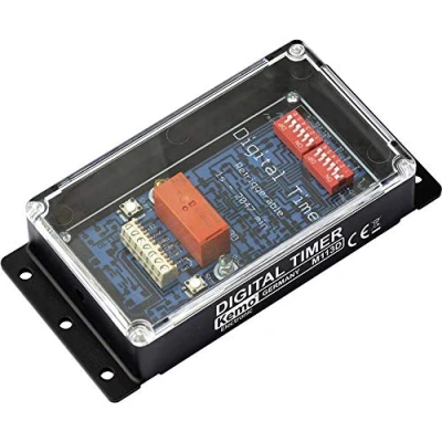 Bild av Kemo M113D digital timer 12 V/DC för tider mellan 1 och 2047 sekunder/minuter. med LED indikatorer. Styr externa styrpulser eller automatiskt efter påslagning