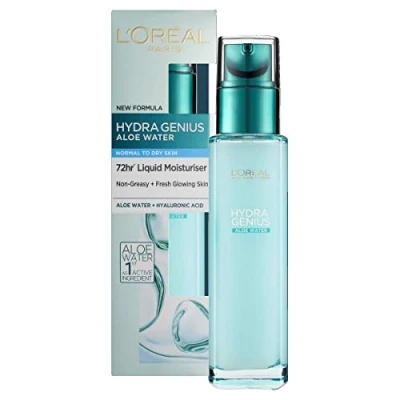 Bild av L&#039;Oreal Paris Hydra Genius hyaluronsyra + aloe vätska återfuktande fuktkräm, och återupplivande ansiktsserum för torr hud [70 ml]