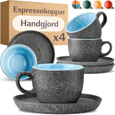 Bild av Cosumy Espressokoppar Set om 4 Keramik med Fat 90 ml Extra Tjockt Stengods Handgjord Reaktiv Glasyr Håller Värmen Längre (Blå färg)