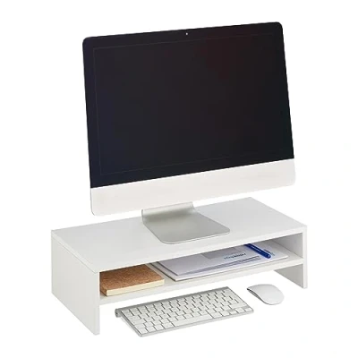 Bild av Relaxdays monitorstativ, extra hylla, H x B D: 14,5 54 25,5 cm, skärmhöjd för skrivbord, modern, vit, fiberplatta