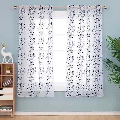 Bild av Deconovo gardiner barnrum pojkar butiker voile gardin linne look eyelet transparent dekorativ halsduk med broderi blad, 183x140 cm (höjd x bredd), mörkblå, uppsättning av 2
