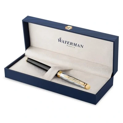 Bild av Waterman Hémisphère Rollerball pen Metal &amp; Black Lacquer with Gold trim Chiselled cap Fine tip Ink Gift Box