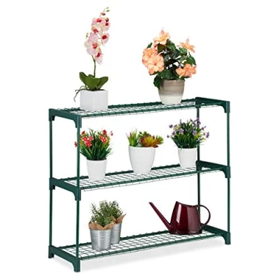 Bild av Relaxdays växtstativ, 3 nivåer, förvaring för blomkrukor, inomhus, järn och plast, H x B D 74,5 91 28,5, grön, stål, förpackning med 1