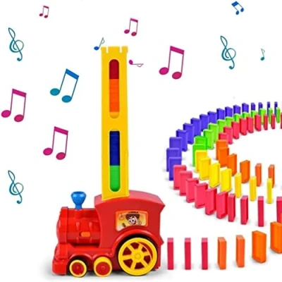 Bild av OBEST 200 st elektrisk tåg domino leksak, automatisk rally tågdistribution med ljus och musik, pedagogisk leksak block stack gåva lämplig för barn över 3 år
