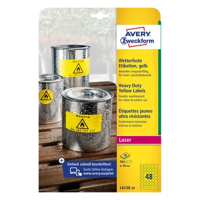 Bild av AVERY Zweckform L6128 20 Väderbeständiga folieetiketter (960 signalklistermärken, Ø30 mm till A4, extremt stark självhäftande, vattentät, slitstark, utskrivbar utomhus självhäftande folie) ark, gul