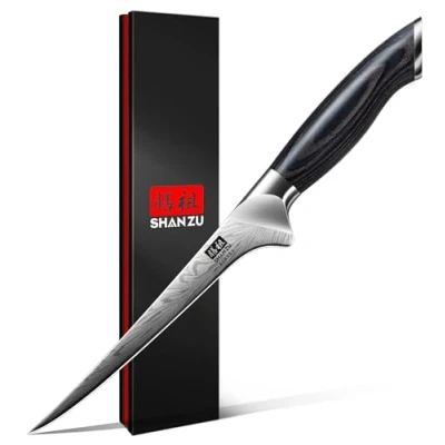 Bild av SHAN ZU Filékniv i Pulverstål, Japansk Köksurbeningskniv 18 cm Professionell Fiskfilékniv med Hög Kolhalt, Ultraskarp Fiskkniv Ergonomiskt Full Tang Pakkawood handtag
