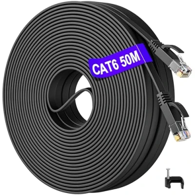 Bild av Nätverkskabel 50m, Cat 6 Lan Kabel 50m Lång Platt Ethernet Utomhus Internetkabel Höghastighets 1 Gbps Gigabit Cable 50 Meter Svart RJ45 Patchkabel Slim för Router Switch Modem