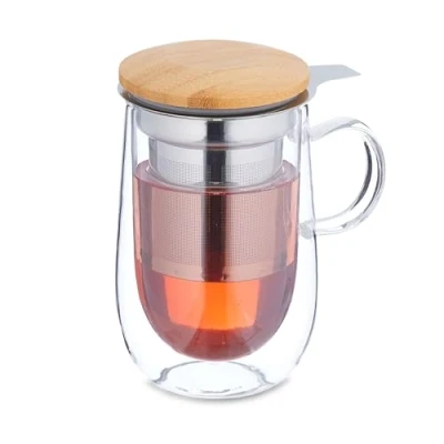 Bild av Relaxdays Teglas med sil i rostfritt stål, bambulock, öron, 430 ml, dubbelväggig tekopp, värmebeständig, transparent/natur