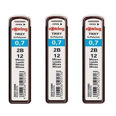 Bild av Rotring Tikky 0,7 mm 2 B högpolymer stark mörk penna blypåfyllningar för mekaniska pennor totalt 36 ledningar paket med 3 rör