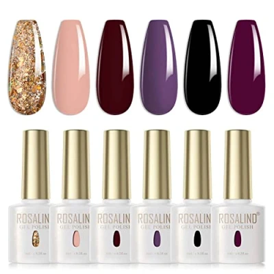 Bild av ROSALIND UV Nagellack 6 färger Nude Mörkröd Mörklila Mörkgrön Glitter Guld Gel Set Färg för naglar Soak Off LED lampa Salong Design Kit