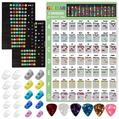 Bild av 20 st fingertoppsskydd gitarr fingerskydd skydd silikonskydd kepsar för bas ukulele med 2 greppbräda klistermärken och gitarrackorddiagram