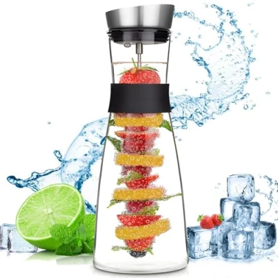 Bild av ZHHGOO vattenkanna i glas, 1,5 liters glasflaska och rostfritt lock, fruktspett med avtagbar lock för kall varm juice, te, mjölk kaffe