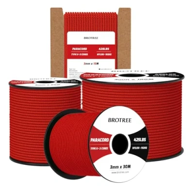 Bild av Brotree 3mm Paracord 425 50M 100% Nylonrep 3 Trådar Sladd Typ II för Utomhus, Hundkoppel, DIY, Hantverk 192kg Brottlast (Röd)
