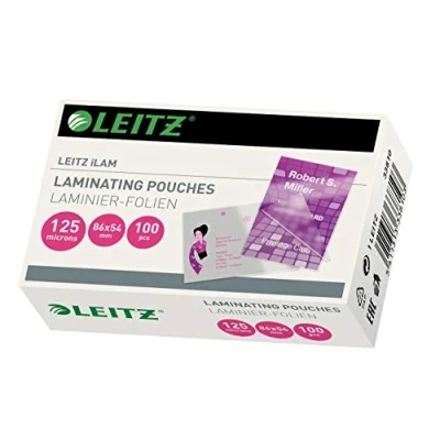 Bild av Leitz Varmlamineringsfolier, 125 mic 54 x 86 mm, för laminering av kort, hängen och ID högkvalitativa lamineringsfilmer i 100 pack, glänsande, transparent, 3810